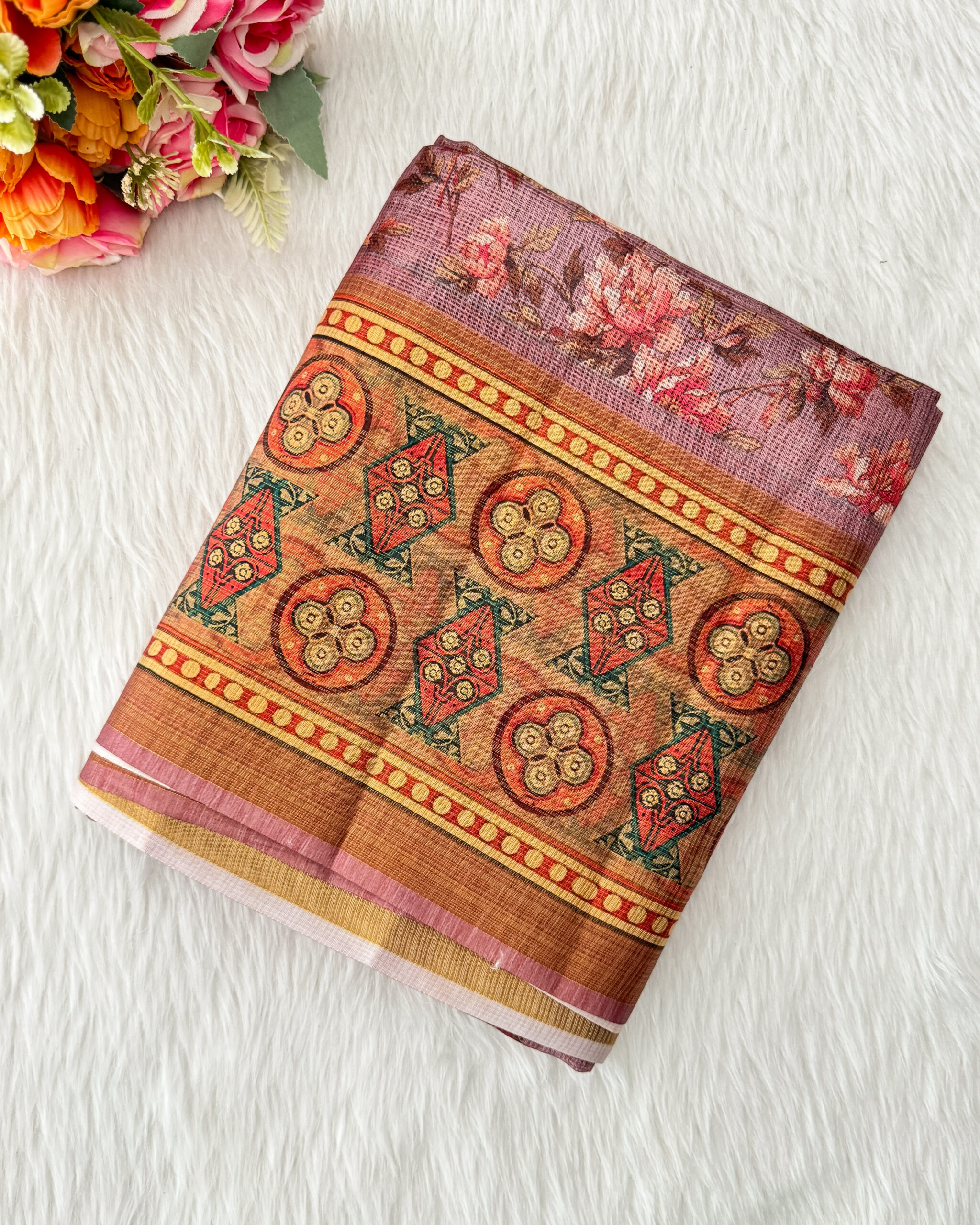 Beautiful cotton saree with floral design  running blouse.