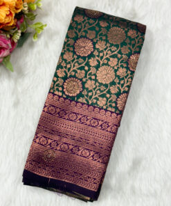 Beautiful silk saree with floral zari weaves and stones comes with contrast border, blouse and pallu.