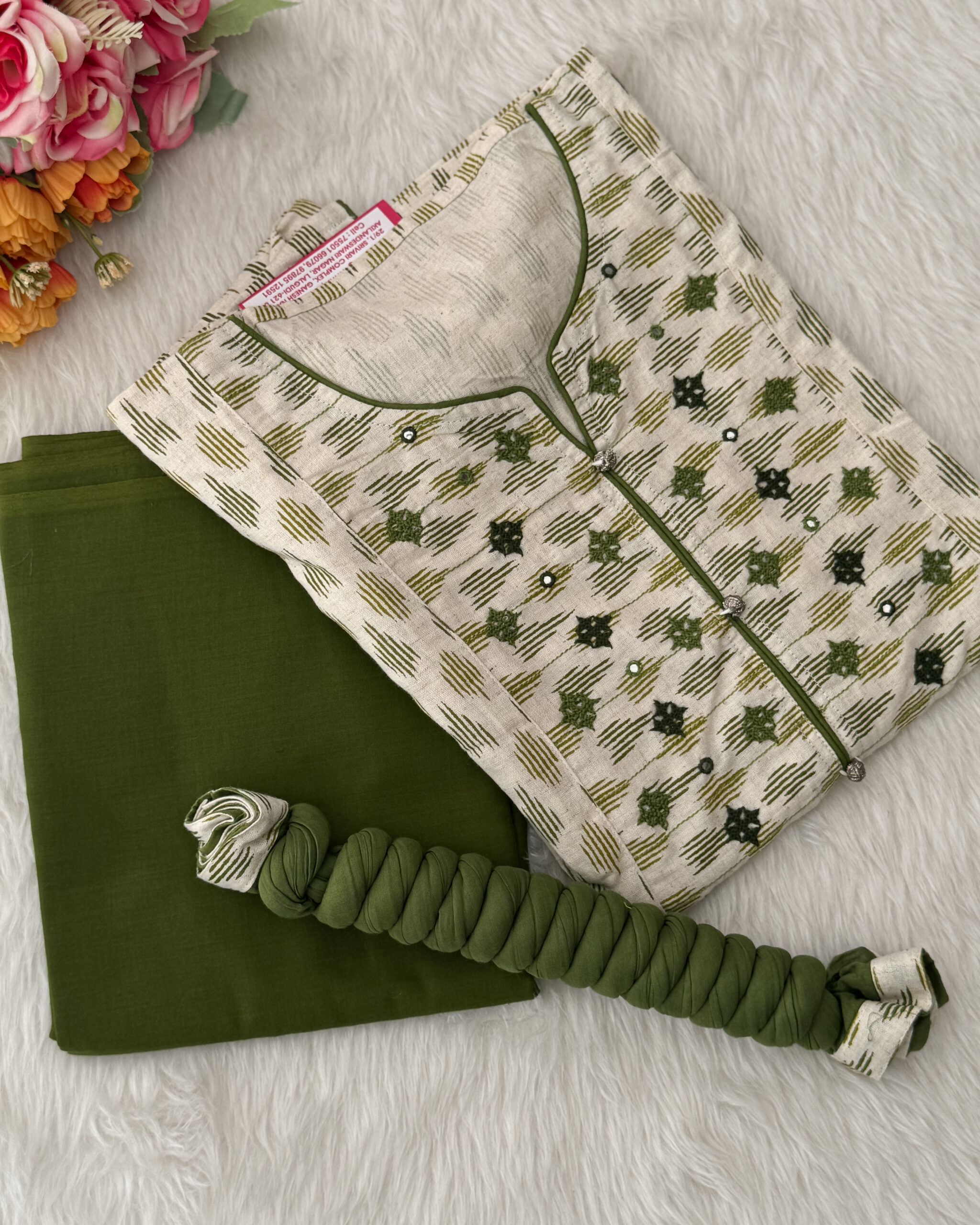  Pure cotton material has embroidery with small mirror work, in the yoke pattern and decorative buttons with beautiful designs