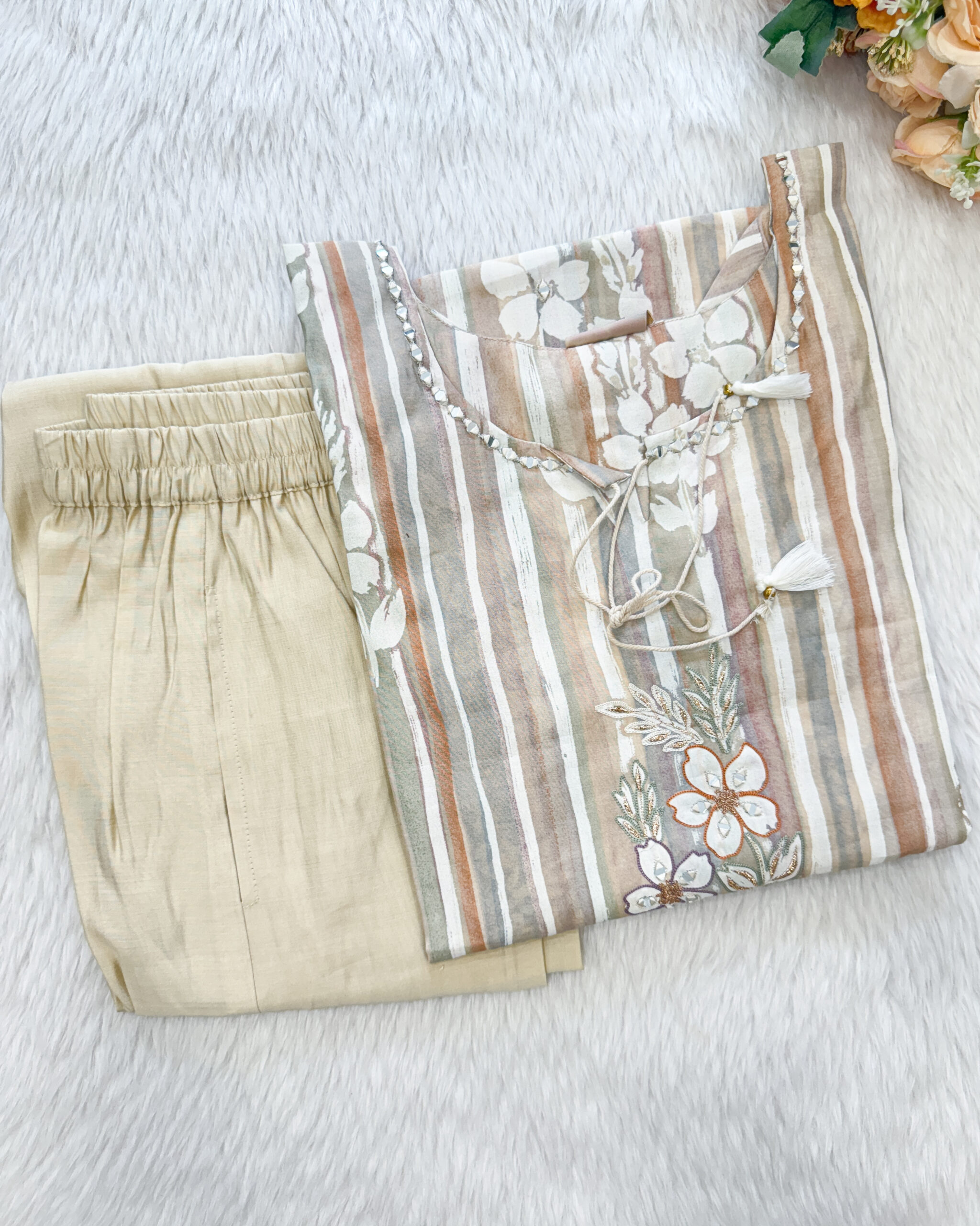 Festive Wear Muslin Kurta Pant Set | Cream & Sandal | DD0336