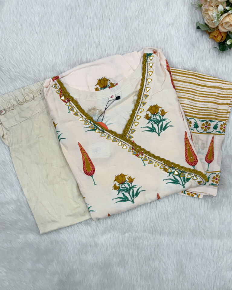 Party Wear Angrakha Muslin Salwar Set | Cream | YT0046