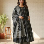 Stunning Black A-Line Ikat Salwar Set with Buttons & Dual-Tone Dupatta for women