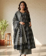 Stunning Black A-Line Ikat Salwar Set with Buttons & Dual-Tone Dupatta for women