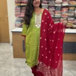 Luxurious Vatican Silk Parrot Green Salwar Set for women