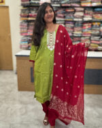 Luxurious Vatican Silk Parrot Green Salwar Set for women