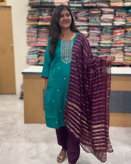 Luxurious Vatican Silk Peacock Green Salwar Set for women