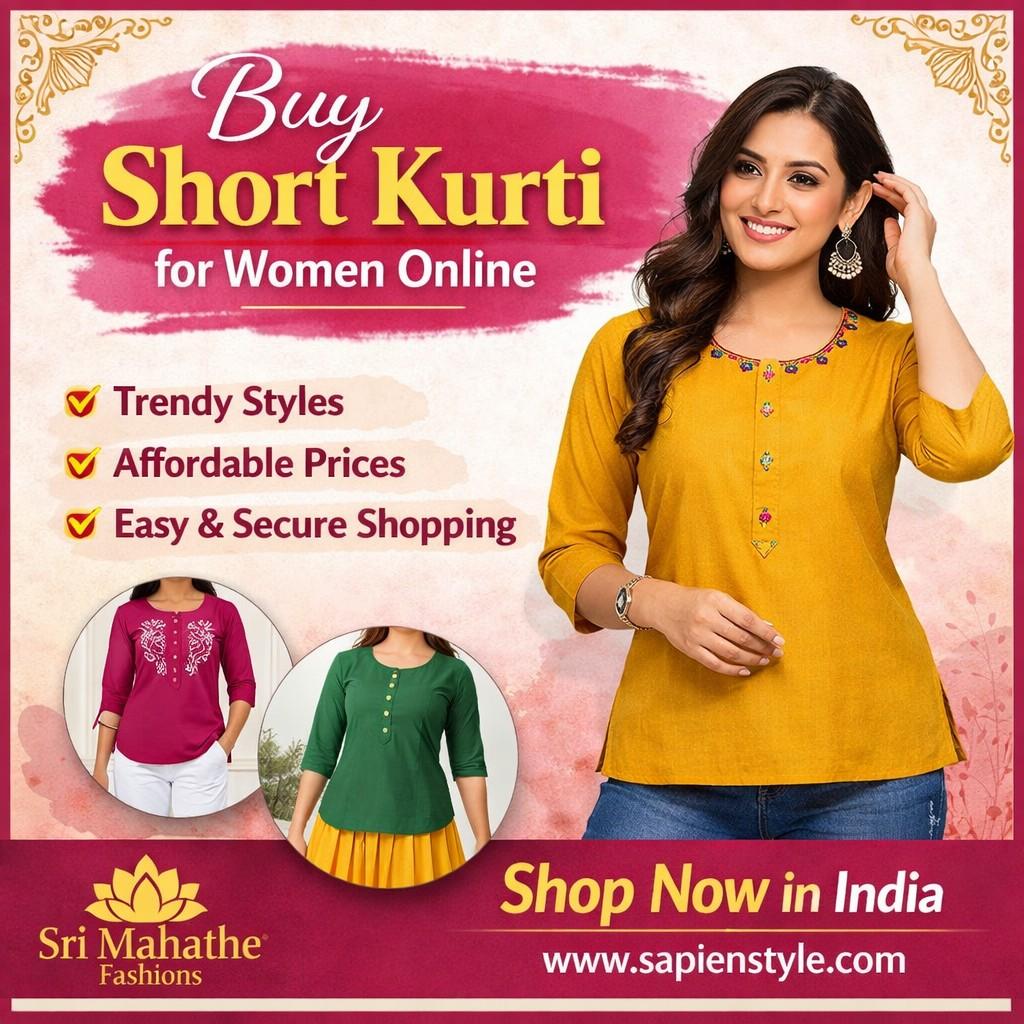 Buy short kurti for women online in India featuring trendy designs from Sri Mahathe Fashions