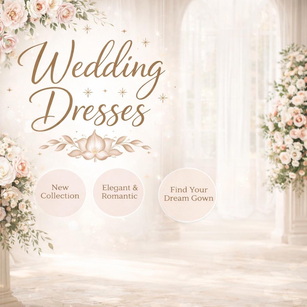 Wedding dresses for women promotional banner with elegant floral background