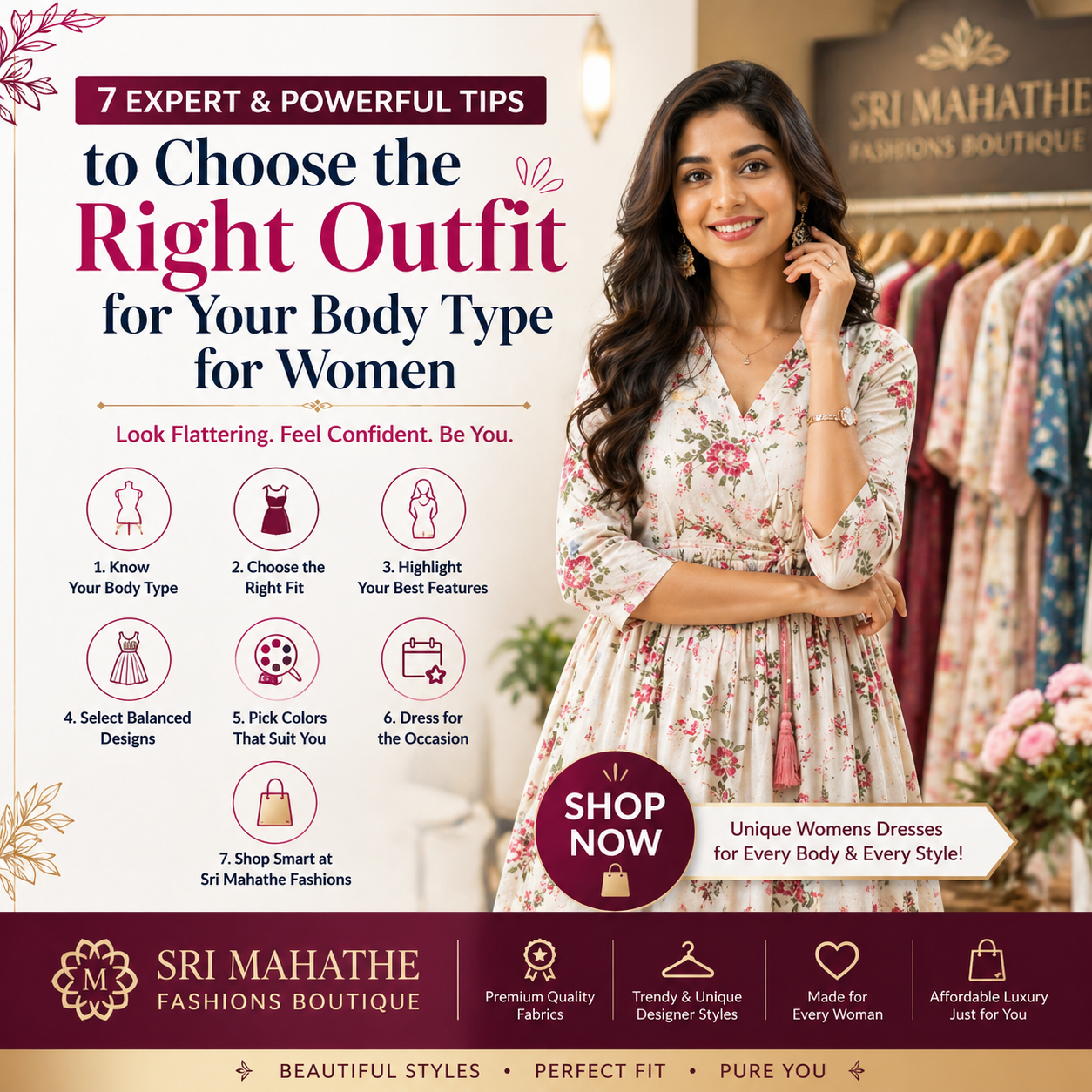 Finding the perfect outfit is not only about following trends—it is about choosing styles that flatter your body type, enhance confidence, and reflect your personality. At Sri Mahathe Fashions Boutique, we believe every woman deserves fashion that feels comfortable, stylish, and unique. Our latest unique womens dresses collection is designed to suit different body shapes and occasions while helping you look your absolute best.