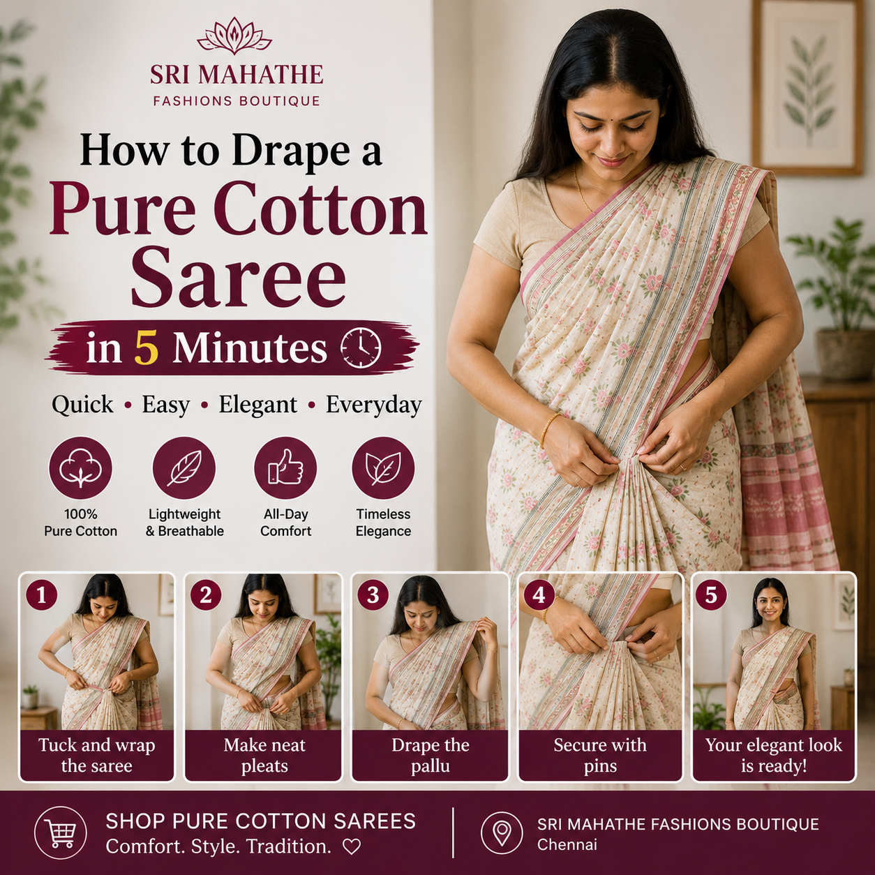 5 Easy & Powerful Steps to Drape a Pure Cotton Saree in 5 Minutes for women