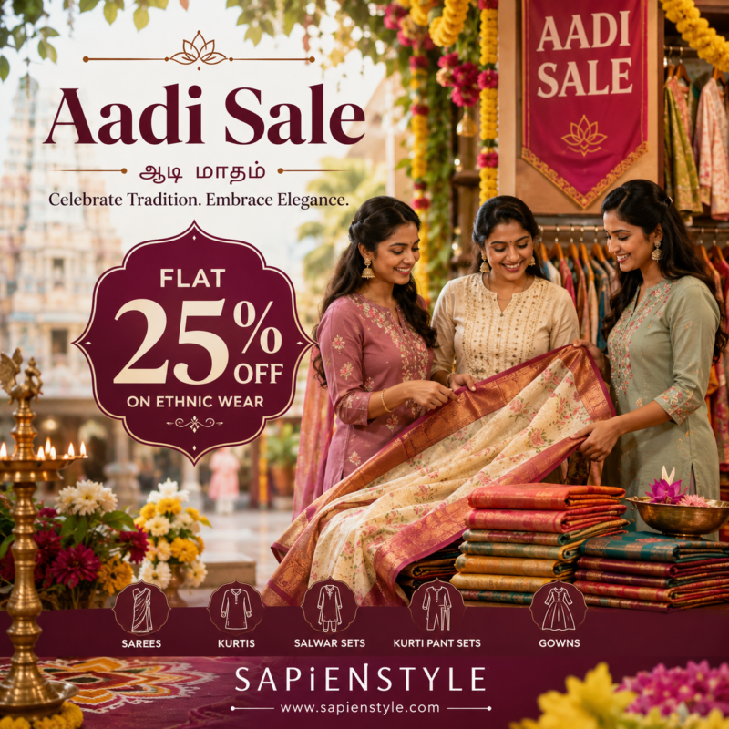 Aadi Sale banner featuring women shopping for sarees and ethnic wear with Flat 25% OFF at SapienStyle during Aadi Month.
